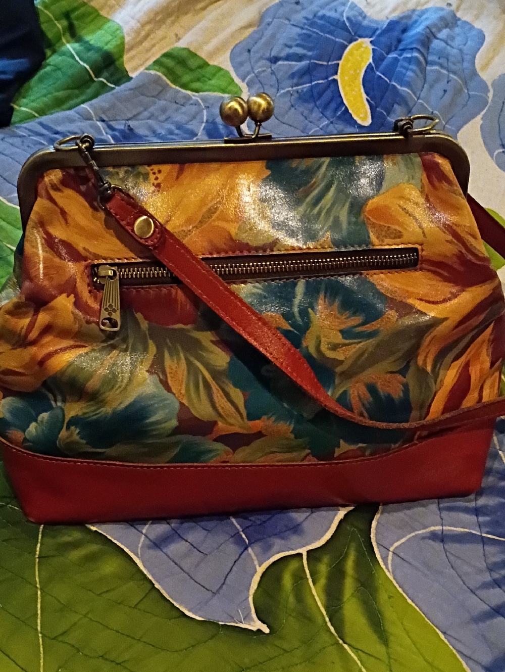Patricia Nash Leather Bag FLoral Elsworth Satchel Blue Yellow Purse - Picture 3 of 6